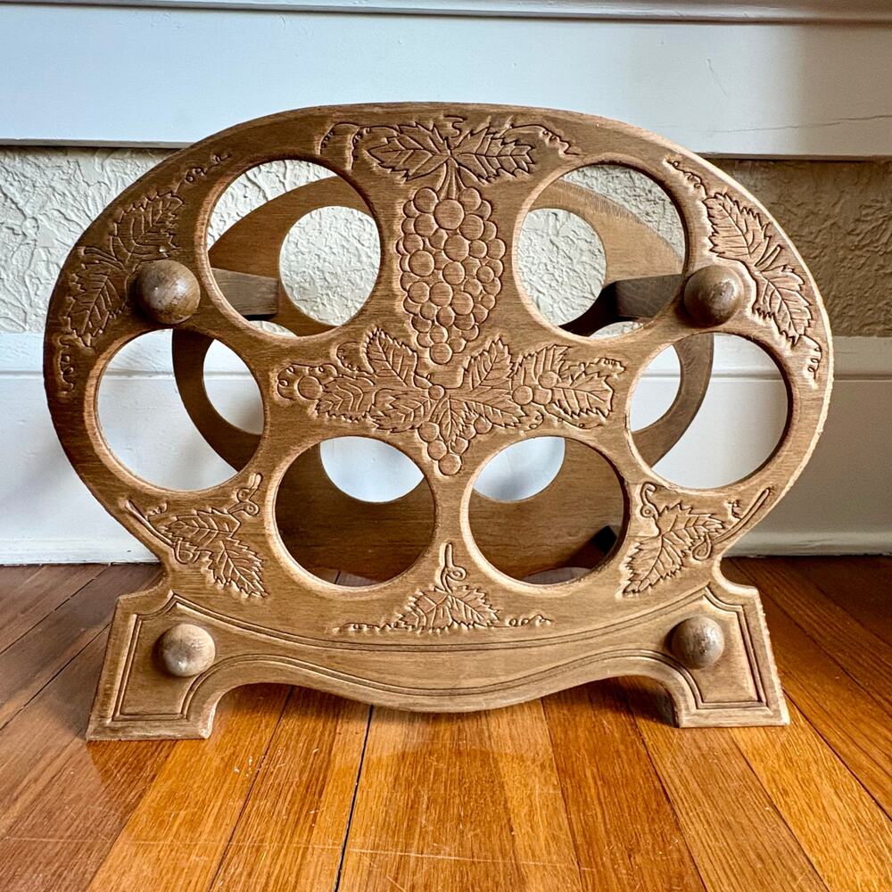 Vintage Carved Wood Wine Bottle Holder, Grape Motif Tabletop Wine Rack
